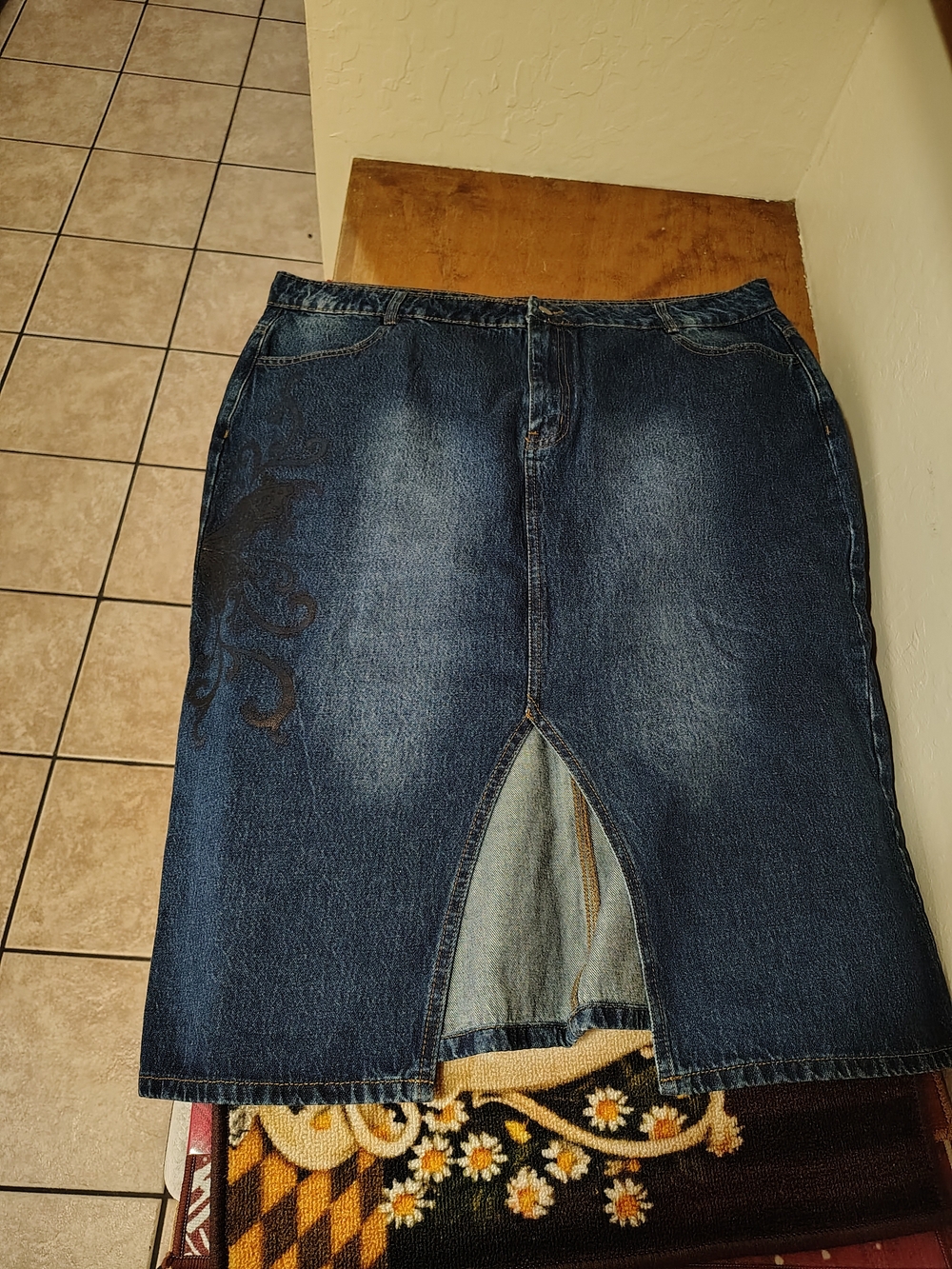 Dark Wash Denim Midi Skirt with Front Slit